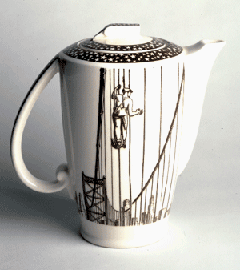 Coffee pot by Rockwell Kent, probably featuring the Oakland Bridge